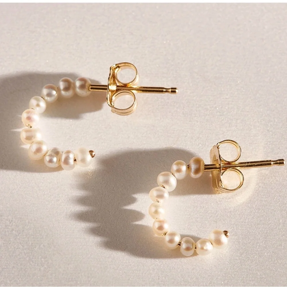 Catbird Elegant Gold and Cultured Pearl Hoop Huggie Earrings- solid 14k gold - Picture 3 of 7